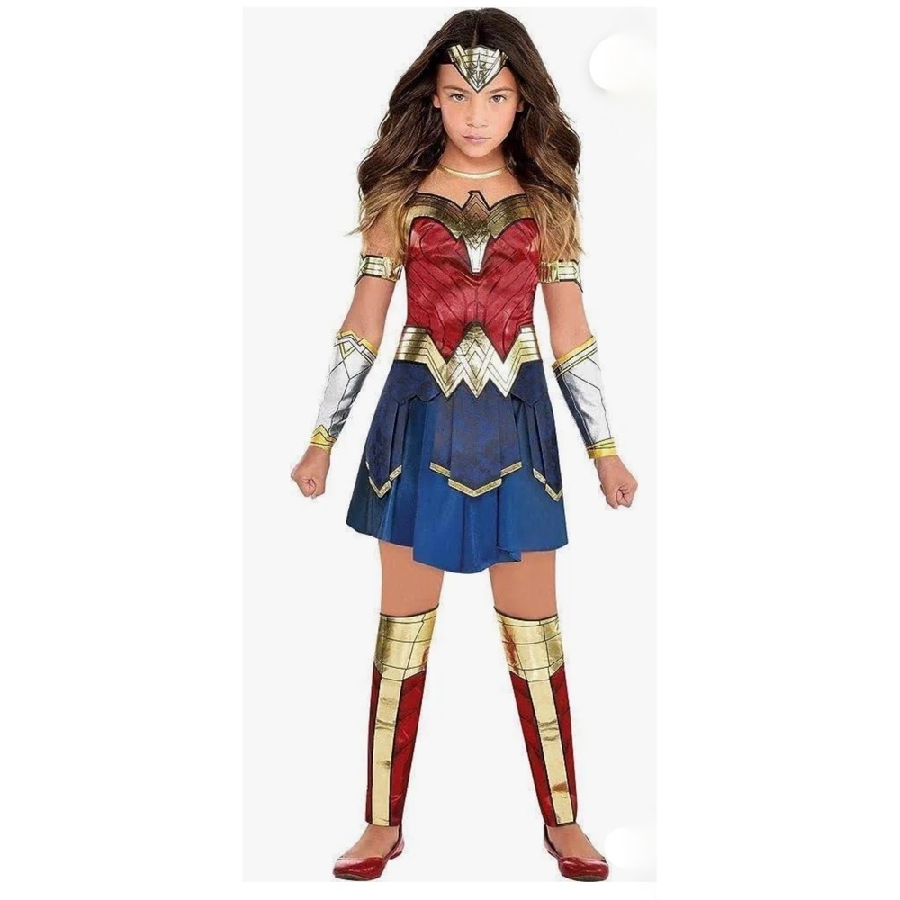 Wonder Woman Kids Costume Set WW84 Dress Gauntlets Tiaras Red Blue Gold 12-14